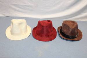 lot 198 image: Set of 3 Stylish Fedora Hats in Beige, Red, and Brown