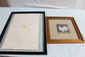 lot 212 image: Set of 2 Framed Art Pieces with Rooster Print and Empty Frame