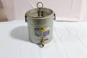 lot 218 image: Galvanized Metal Beverage Dispenser with Brass Spigot