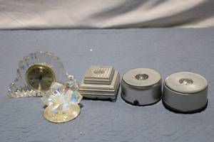 lot 233 image: Collection of Decorative Items Including Crystal Clock and LED Bases