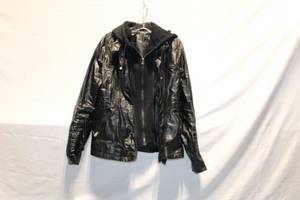 lot 291 image: Black Faux Leather Jacket with Removable Hoodie Liner