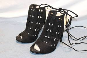 lot 306 image: Rachel Black Suede Lace-Up High Heel Peep Toe Sandals - Size 9UK7EU40