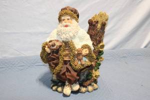 lot 350 image: Vintage Santa Claus Figurine on Wooden Log with Teddy Bear and Pinecones