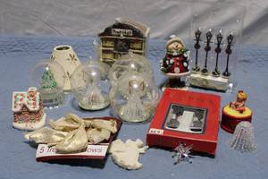 lot 393 image: Holiday Collectibles Set with Figurines, Ornaments, and Mini Street Lamps