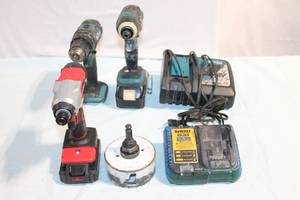 lot 417 image: Set of 3 Cordless Drills with Chargers and Drill Attachment