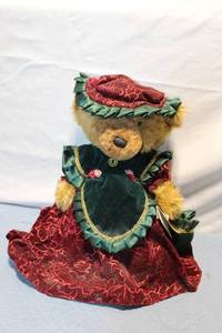 lot 489 image: Vintage Plush Teddy Bear in Velvet and Satin Holiday Attire