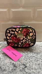 lot 2 image: Betsey Johnson Roses Over Cheetah Print Cosmetic Bag with Heart Charm