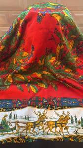 lot 64 image: Holiday Scarf 33 x 34 with Reindeer Sleigh and Holly Design