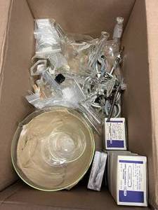 lot 43 image: $150 Value BOX Miscellaneous Box of SCIENCE ITEMS, Graduated Cylinder, Evaporating Dishes, Clamps, Connectors, Test Tubes, See Photos, NO SHIPPING