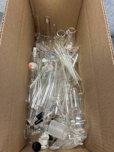 lot 52 image: $150 Value GLASSWARE BOX - Flasks, Volumetric Flasks, Tubes, Test Tubes, Jars, Screw Cap Vials, Adapters, Droppers NO SHIPPING