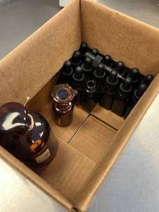 lot 53 image: Amber Glass Lot With Screw Cap droppers and Glass Top, Multiple Sizes