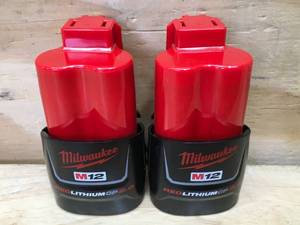 lot 45 image: Lot of 2 - Milwaukee M12 Red Lithium 2Ah Batteries Model # 48-11-2420