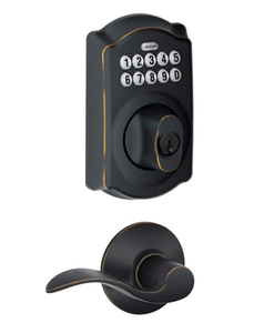 lot 28 image: SCHLAGE Camelot Aged Bronze Electronic Door Lock Deadbolt with Accent Door Handle