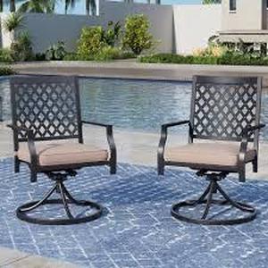 lot 22 image: Phi Villa Black Metal Elegant Patio Outdoor Dining Swivel Chair with Beige Cushion (2-Pack)