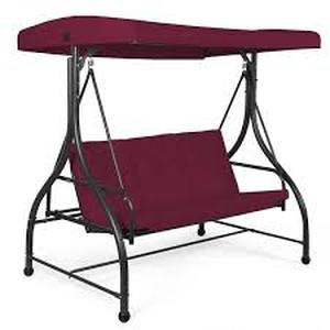 lot 23 image: 3-Person Wine Red Outdoor Porch Swing Hammock Bench Chair Metal Patio Swing with Canopy