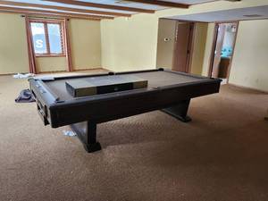 lot 16 image: Ebonite Billiards Pool Table with Pool Table Accessories - HJ Scott Deluxe Accessory Set,  Balls, Cues, Rack