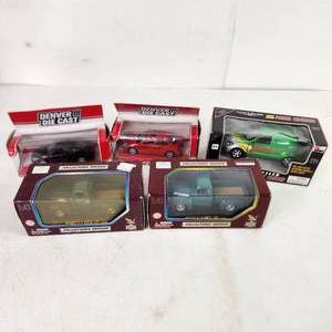 Lot Of Five Die-Cast Cars 2 Ford F-1 Pick Ups 1948 2 Cars Chrysler Panel Cruiser Pull Back Action Doors Open Some Box Damage