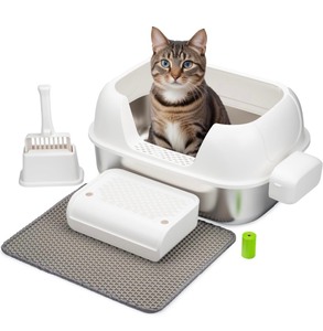 lot 4 image: Stainless Steel Litter Box with Lid