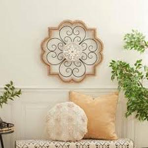 27 in. x 27 in. Wooden Brown Carved Beading Scroll Wall Decor with Metal Accents by Litton Lane   Customer Returns See Pictures