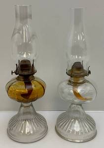 Two Antique Glass Oil Lamps 1 Wilite Flame Light Co. 1 Eagle