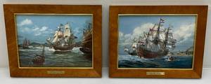 Vintage Franklin Porcelain Thomas Wesley Freeman Pirate Ship Themed Porcelain Framed Plaques (The Prins Willem & The Empress Of China)  10 x 13 With COA