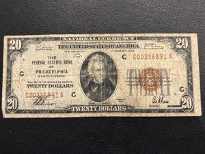 1929 Brown Seal $20 Dollar National Currency Philadelphia 3 Double Numbers