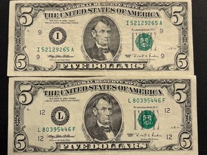 1995 Green Seal $5 Dollar Federal Reserve Notes