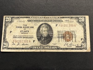 1929 Brown Seal $20 Dollar National Currency Atlanta Double Zeros on Ends