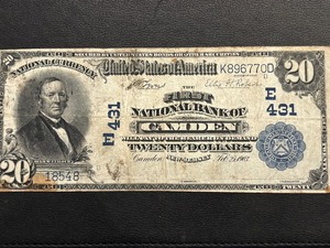 1902 Blue Seal $20 Dollar National Currency Camden, New Jersey