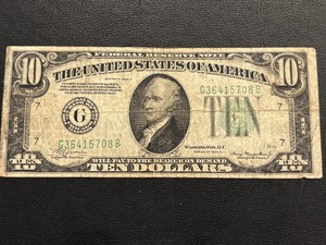 1934 A Green Seal $10 Dollar Federal Reserve Note