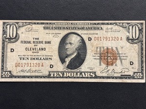 1929 Brown Seal $10 Dollar National Currency Cleveland