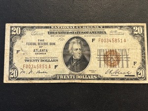 1929 Brown Seal $20 Dollar National Currency Atlanta