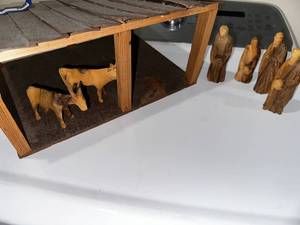 lot 158 image: Handmade Wooden Nativity Scene Set