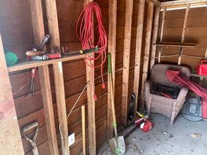 lot 213 image: Garden Tools & Wicker Chair Lot
