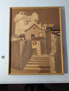 lot 6 image: Intarsia Wooden Wall Art Architectural Scene Handmade