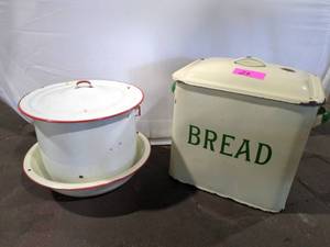 lot 28 image: Vintage Enamelware Bread Box and Pot Set