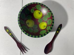 lot 41 image: Hand-Painted Wooden Salad Bowl and Utensils Set
