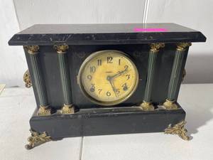 lot 45 image: Vintage Ingraham Black Mantel Clock, Ornate Design