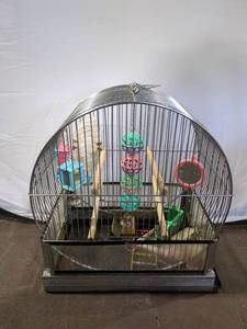lot 53 image: Vintage Hendryx Bird Cage with Toys, Metal Design