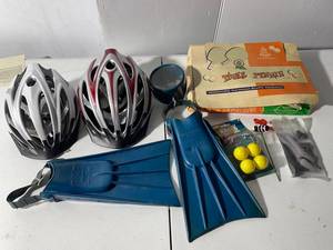 lot 84 image: Outdoor Sports Gear Lot Helmets, Fins, Tennis Set
