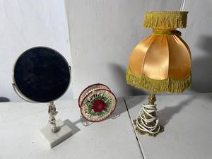 lot 89 image: Vintage Decorative Lamp, Mirror, Doily Set