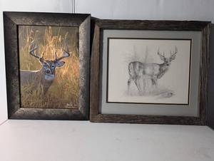 lot 96 image: Framed Deer Artwork Pair Joshua Spies & Sketch