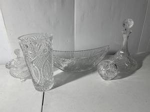lot 97 image: Vintage Cut Glass Crystal Vase, Bowl, Decanter Set