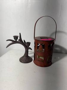 lot 131 image: Rustic Metal Lantern & Tree Branch Candelabra Set