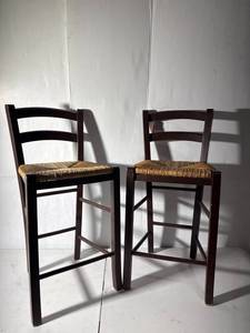 lot 144 image: Vintage Wood Bar Stools with Woven Seats