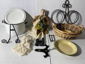 lot 222 image: Whimsical Handmade Doll, Rustic Basket, Vintage Decor Lot