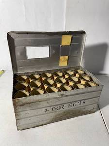 lot 231 image: Antique Metal Egg Carrier Box Slot Vintage Collectible