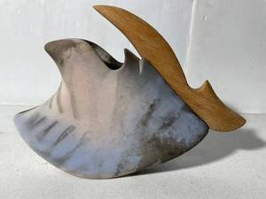 lot 234 image: Signed Handcrafted Ceramic and Wood Abstract Sculpture