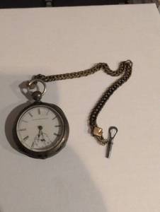 lot 302 image: Elgin National Pocket Watch Antique w Fob Chain and Coin Silver Case