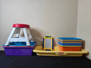 lot 80 image: Set of 10 Stackable Kids Colorful Storage Bins with Step Stool